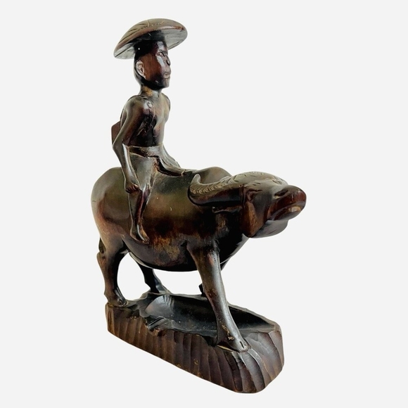 Vintage Hand Carved Wooden Water Buffalo With Man Riding Animal Statue - Picture 2 of 6